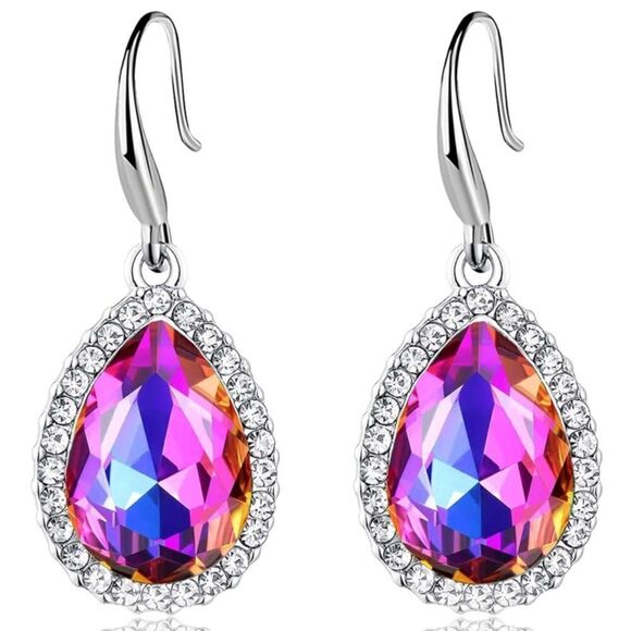 14K White Gold with Heliotrope Austrian Crystal Teardrop Halo Drop Hook Earrings